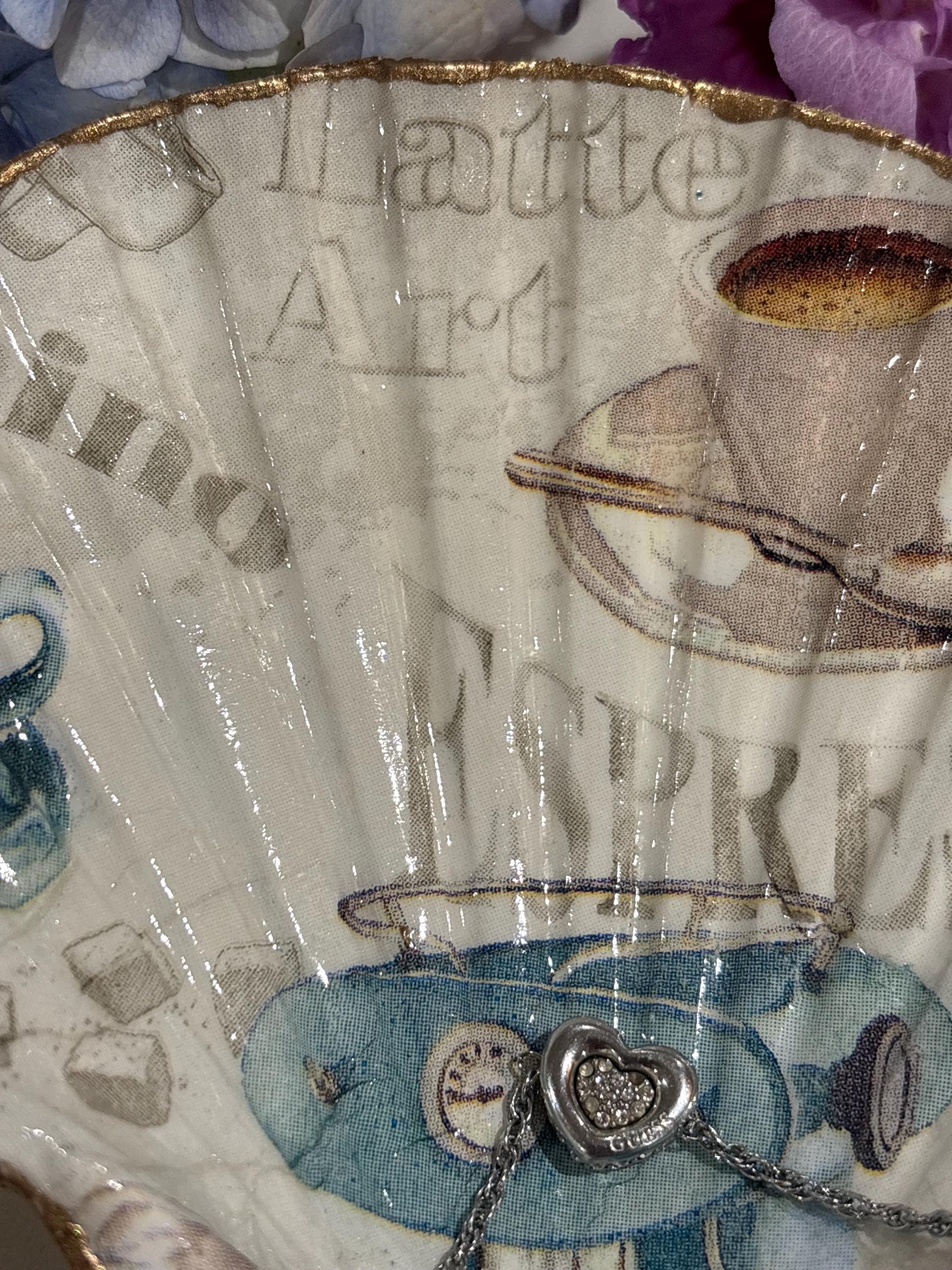 Coffee Lover Trinket Dish | Decoupage Scallop Shell Ring Holder (Gold Edge)