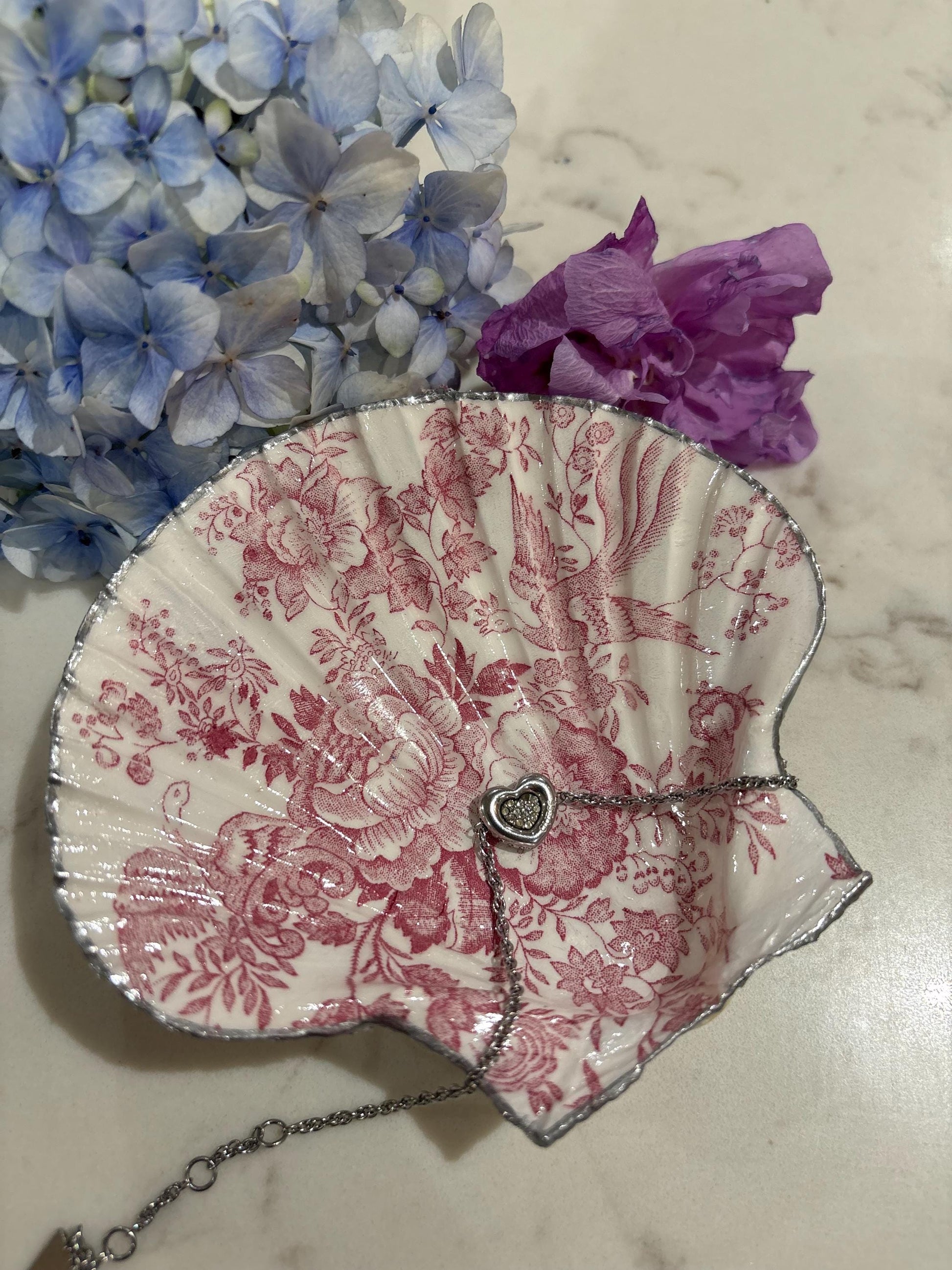 Pink Toile Scallop Shell Trinket Dish | Silver Edge, Floral Bird Decoupage