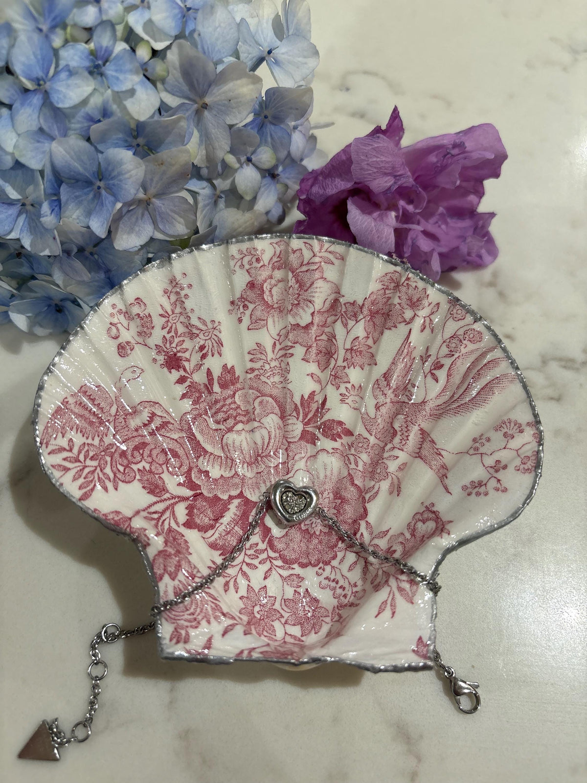 Pink Toile Scallop Shell Trinket Dish | Silver Edge, Floral Bird Decoupage