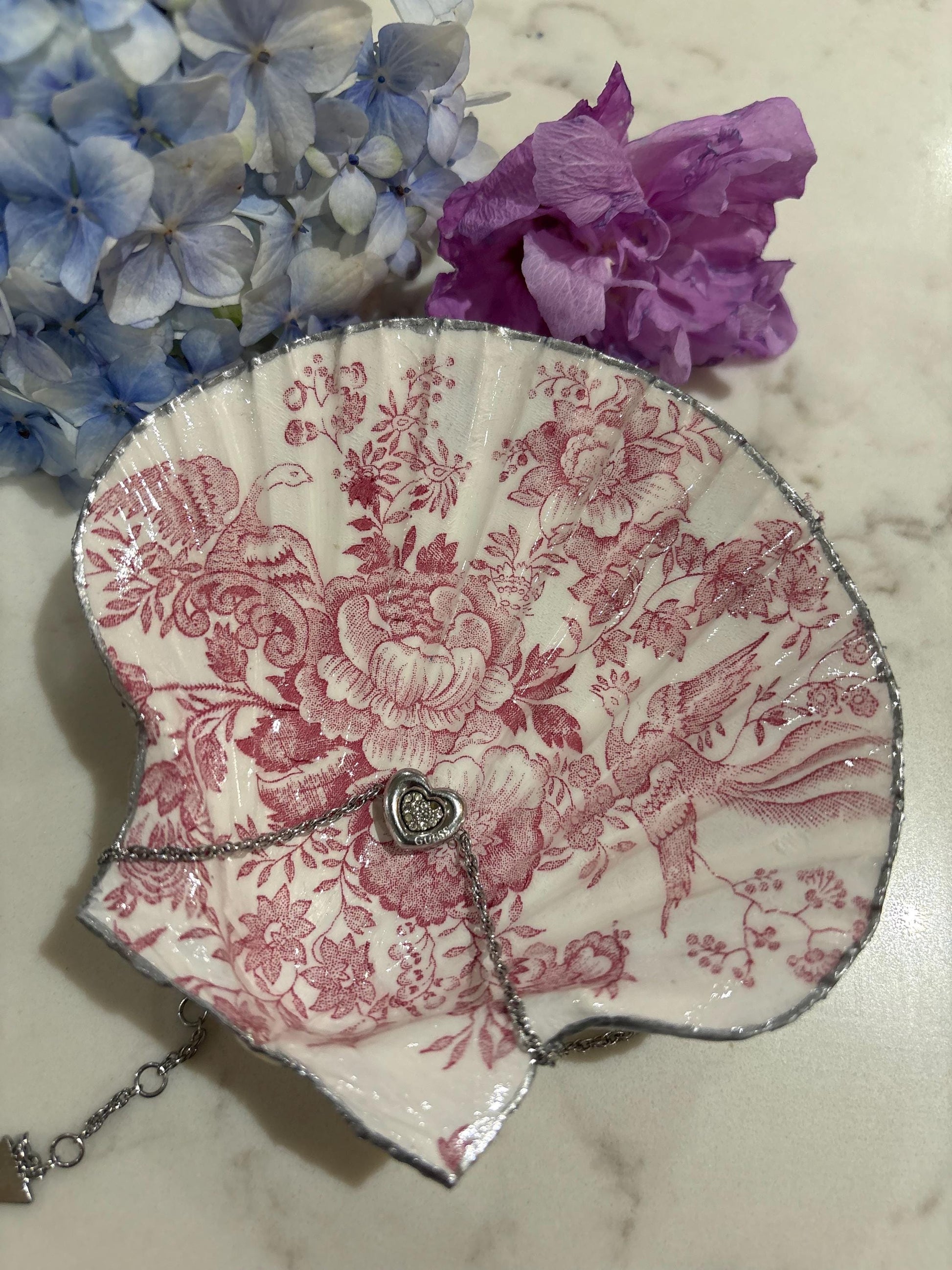 Pink Toile Scallop Shell Trinket Dish | Silver Edge, Floral Bird Decoupage
