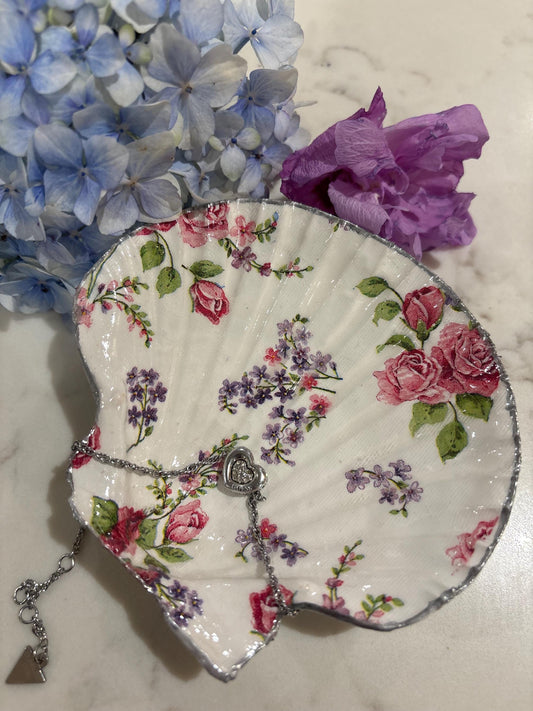 Vintage Rose Shell Trinket Dish | Floral Decoupage, Silver Edge
