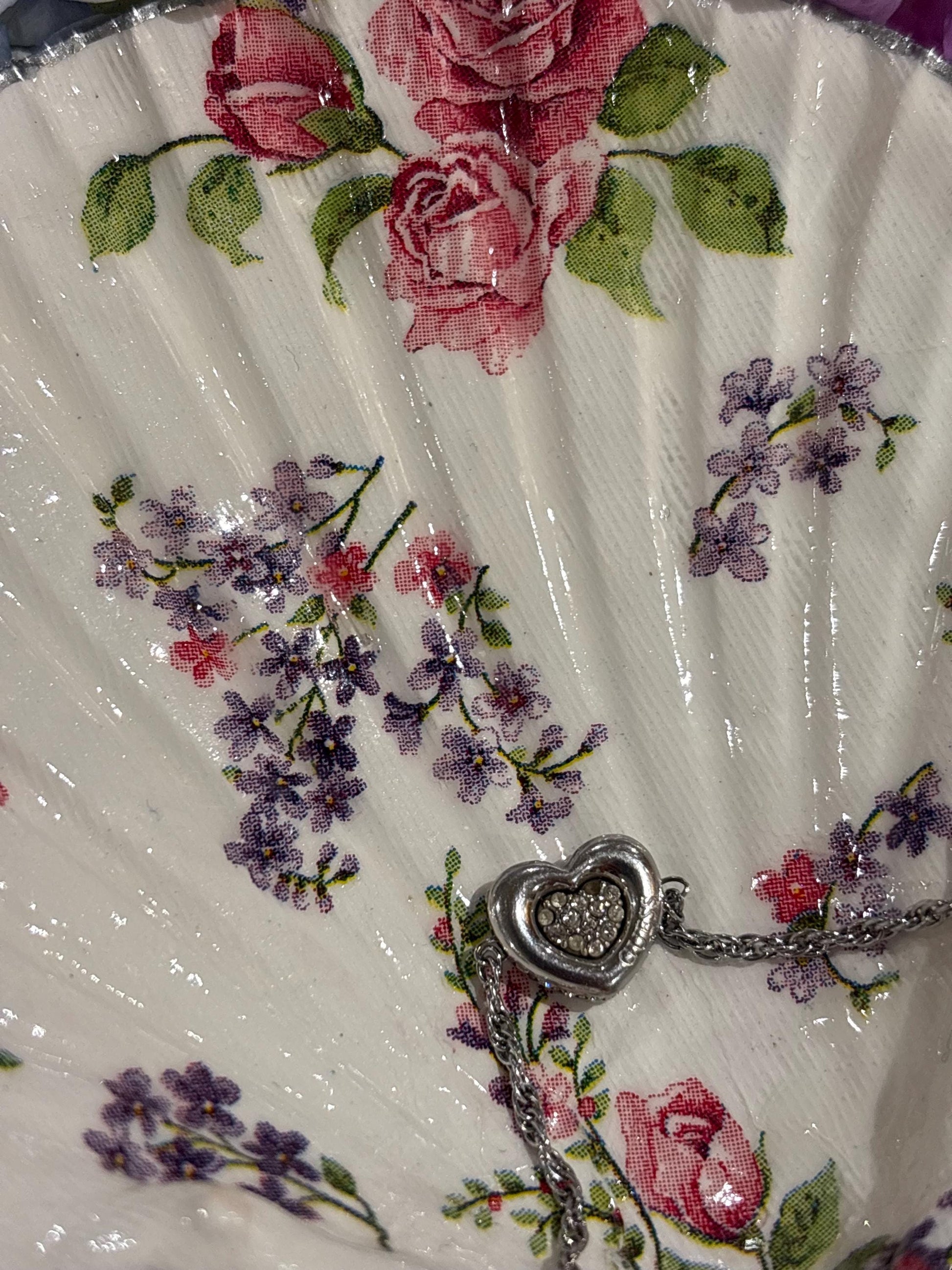 Vintage Rose Shell Trinket Dish | Floral Decoupage, Silver Edge