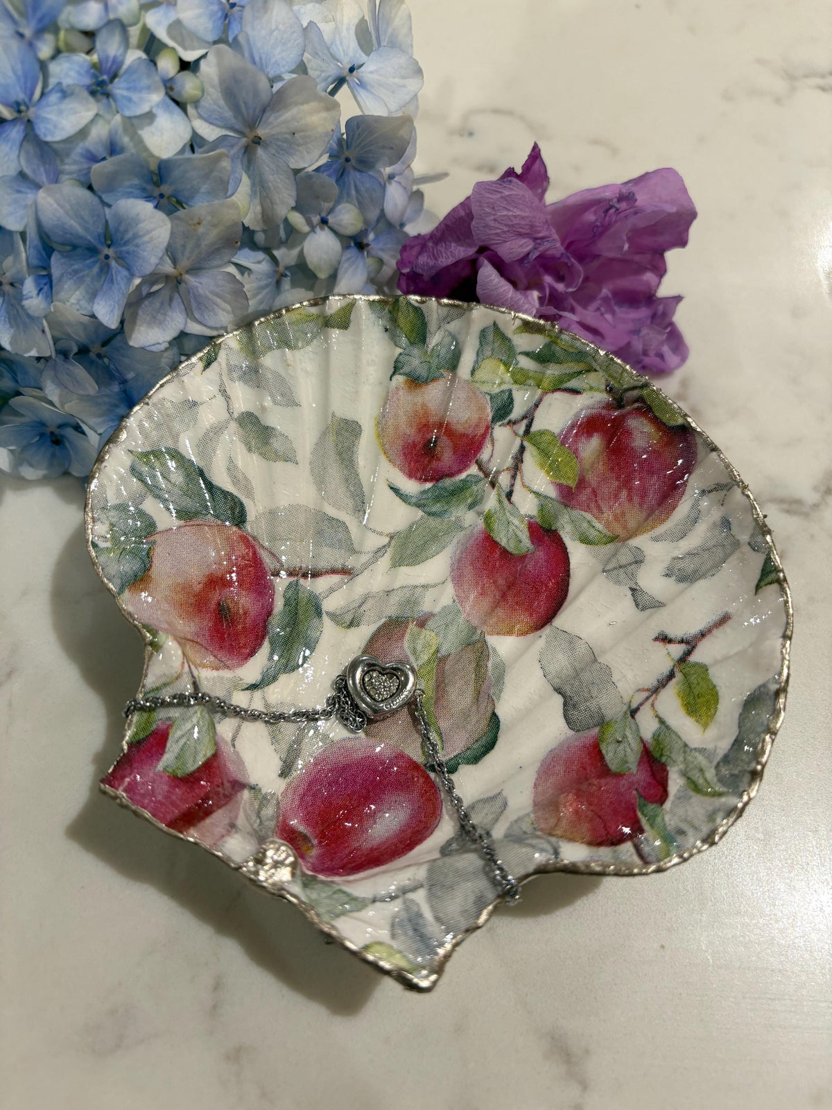 Apple Orchard Decoupage Scallop Shell Trinket Dish | Silver Edge, Autumn Kitchen Jewellery Holder