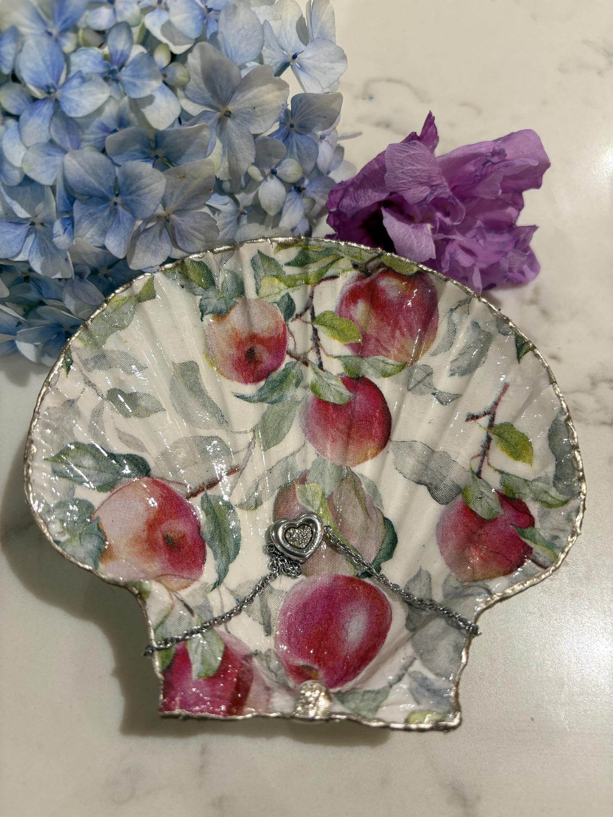 Apple Orchard Decoupage Scallop Shell Trinket Dish | Silver Edge, Autumn Kitchen Jewellery Holder