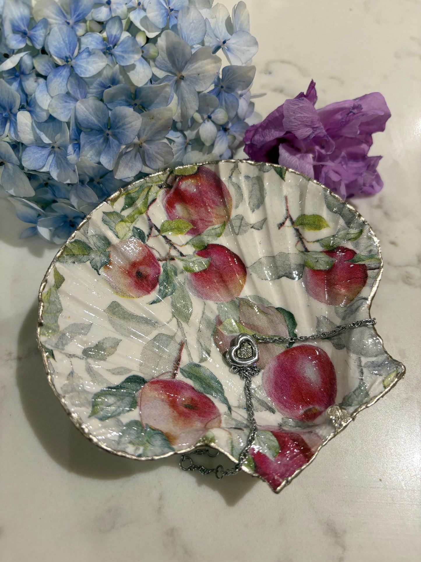 Apple Orchard Decoupage Scallop Shell Trinket Dish | Silver Edge, Autumn Kitchen Jewellery Holder