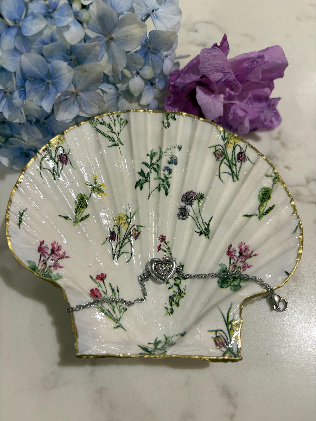 Wildflower Meadow Shell Trinket Dish | Gold Edge Decoupage Jewellery Holder