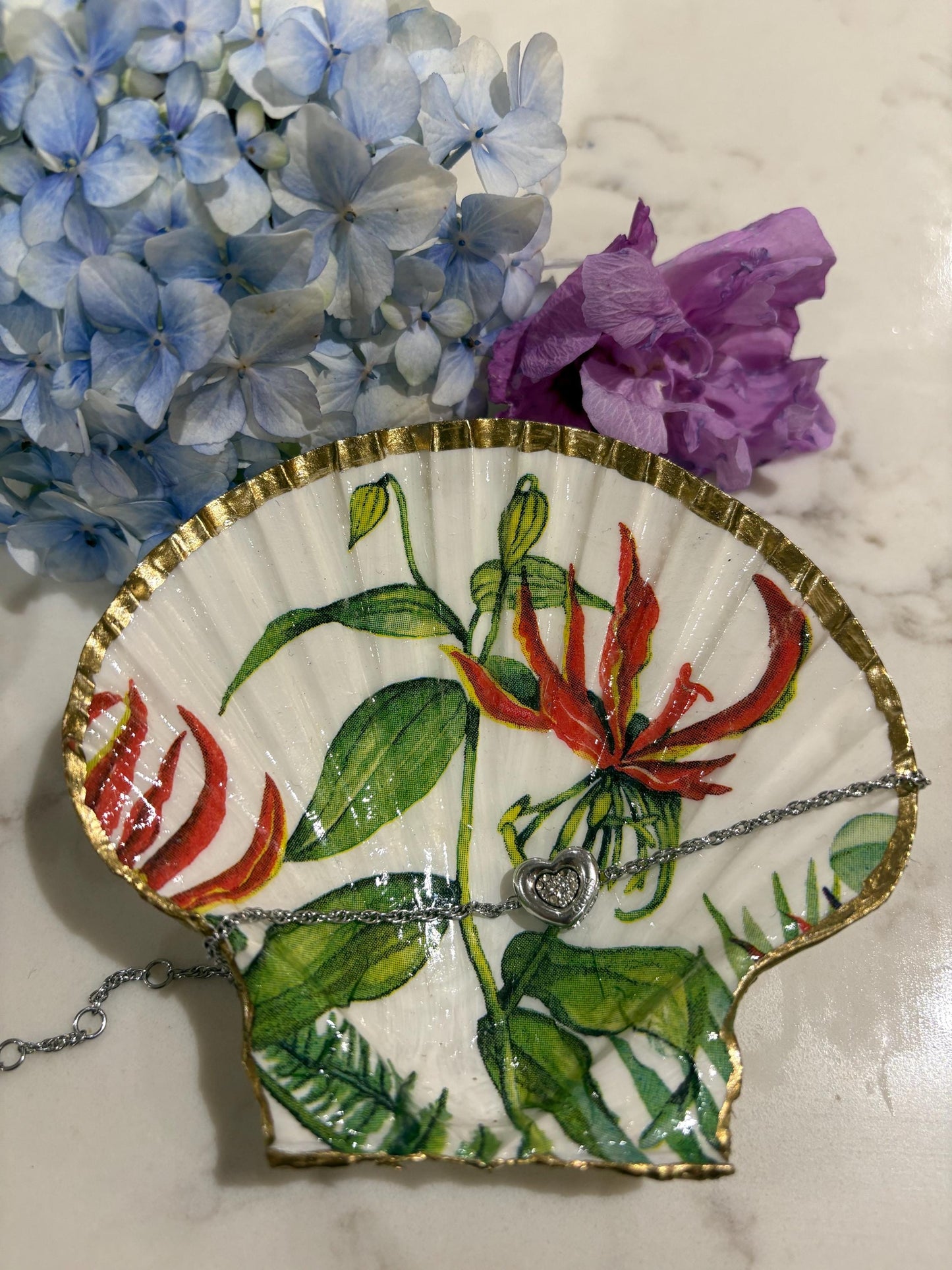 Flame Lily Decoupage Scallop Shell Trinket Dish | Gold Edge, Tropical Botanical Jewellery Holder