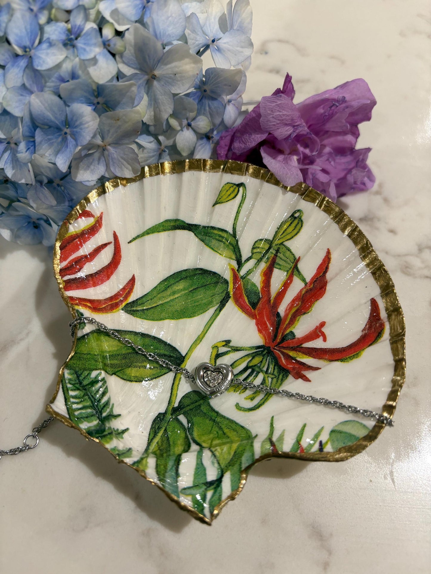 Flame Lily Decoupage Scallop Shell Trinket Dish | Gold Edge, Tropical Botanical Jewellery Holder