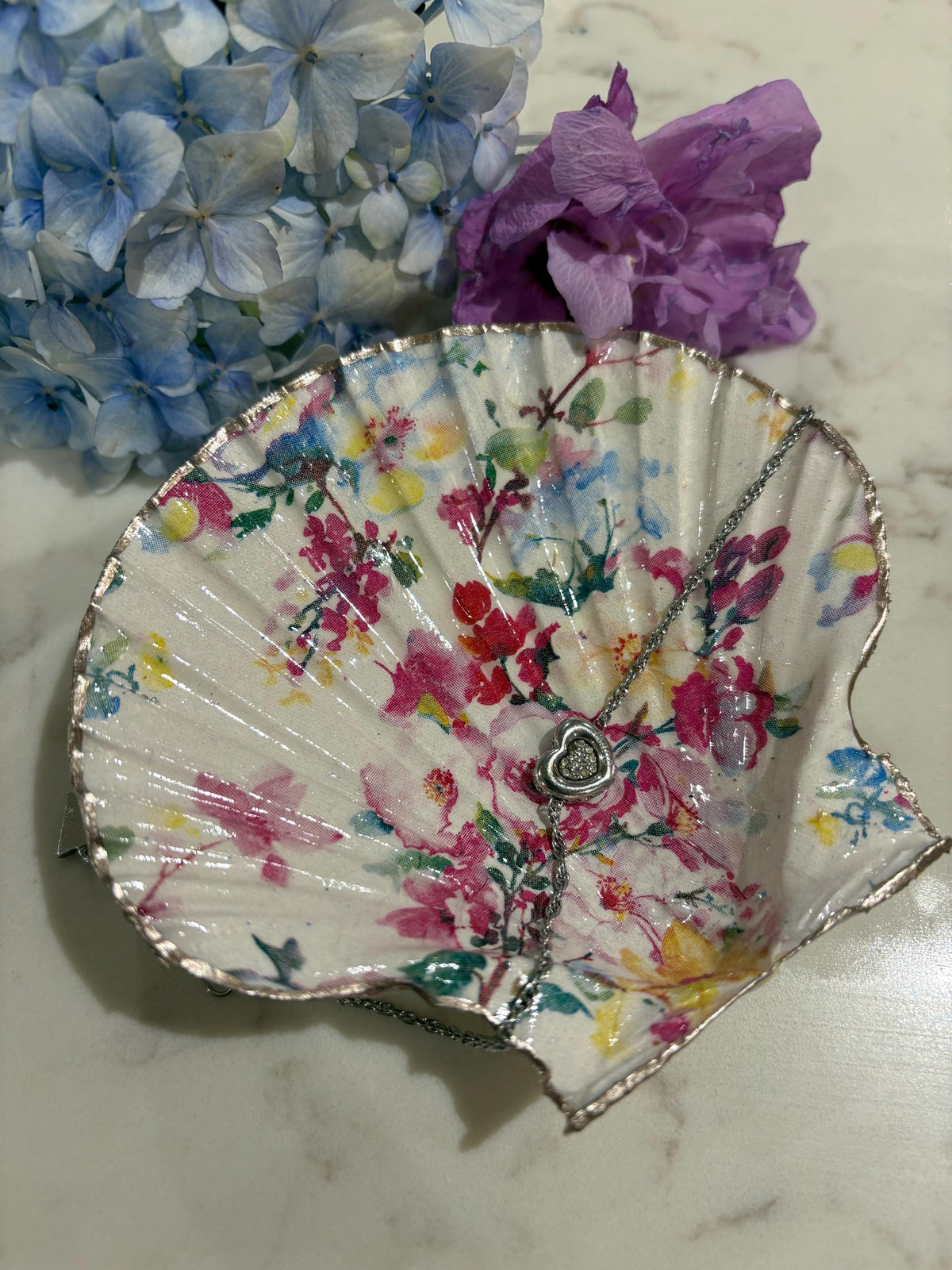Watercolour Floral Shell Trinket Dish | Silver Edge Scallop Shell Ring Holder