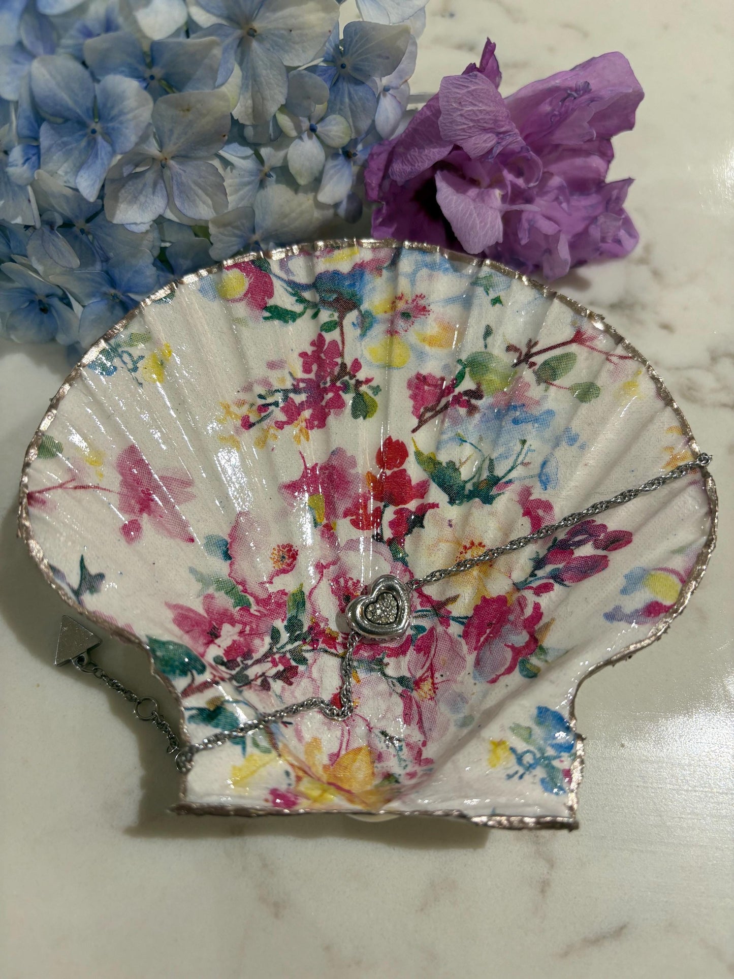 Watercolour Floral Shell Trinket Dish | Silver Edge Scallop Shell Ring Holder
