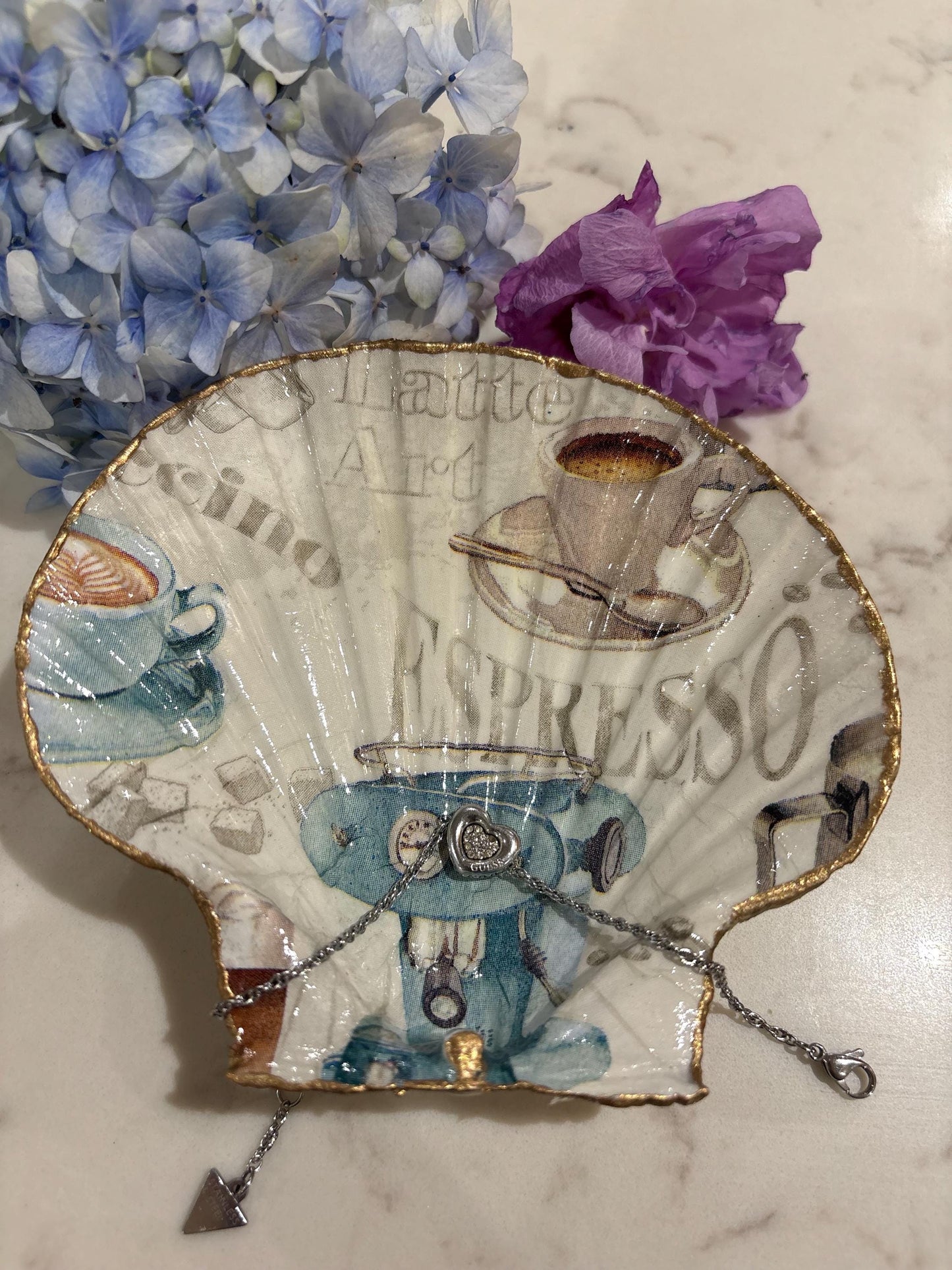 Coffee Lover Trinket Dish | Decoupage Scallop Shell Ring Holder (Gold Edge)