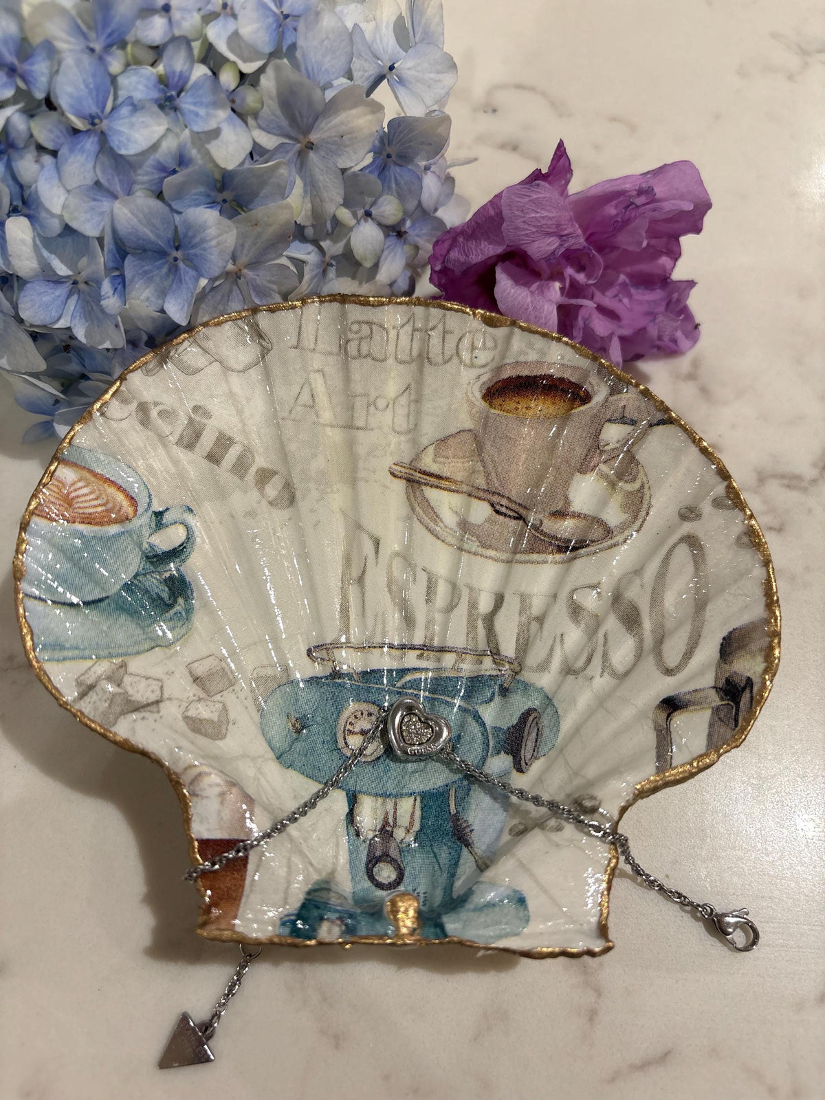Coffee Lover Trinket Dish | Decoupage Scallop Shell Ring Holder (Gold Edge)