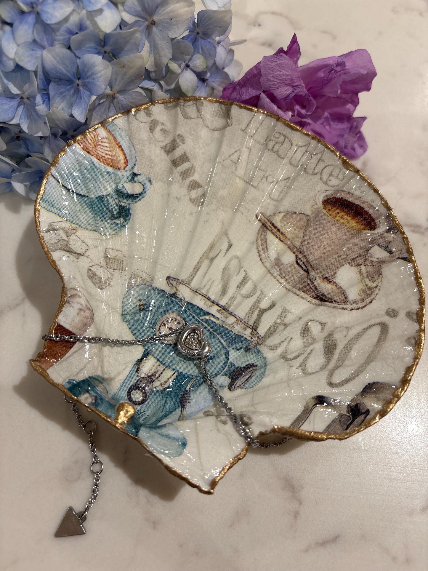 Coffee Lover Trinket Dish | Decoupage Scallop Shell Ring Holder (Gold Edge)
