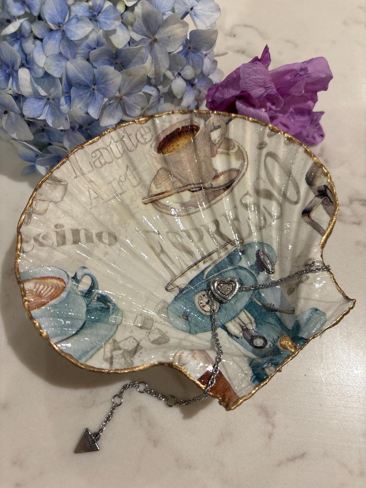 Coffee Lover Trinket Dish | Decoupage Scallop Shell Ring Holder (Gold Edge)