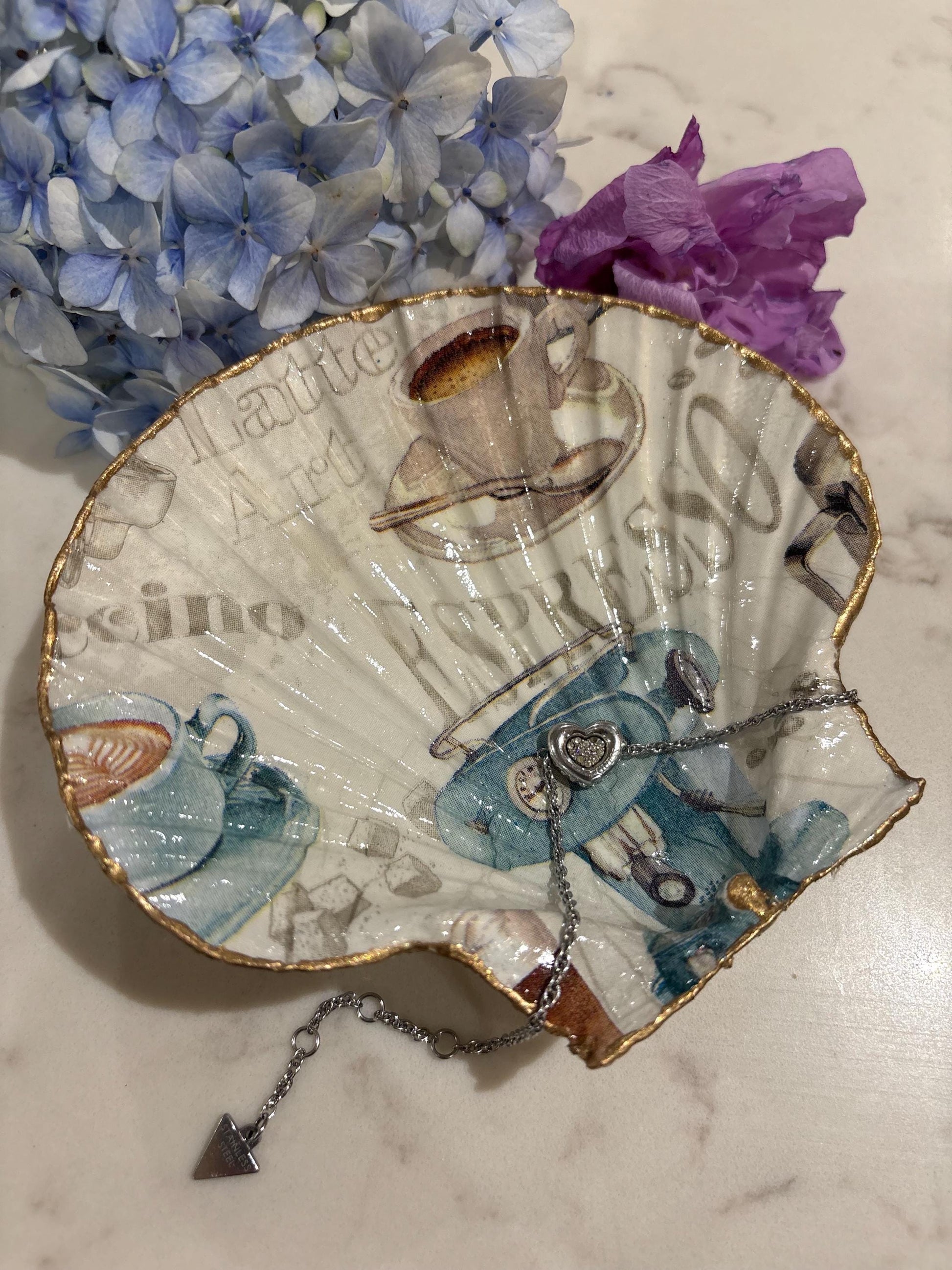 Coffee Lover Trinket Dish | Decoupage Scallop Shell Ring Holder (Gold Edge)