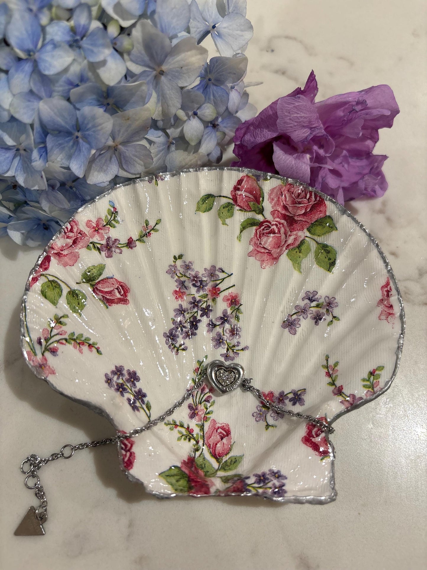 Vintage Rose Shell Trinket Dish | Floral Decoupage, Silver Edge