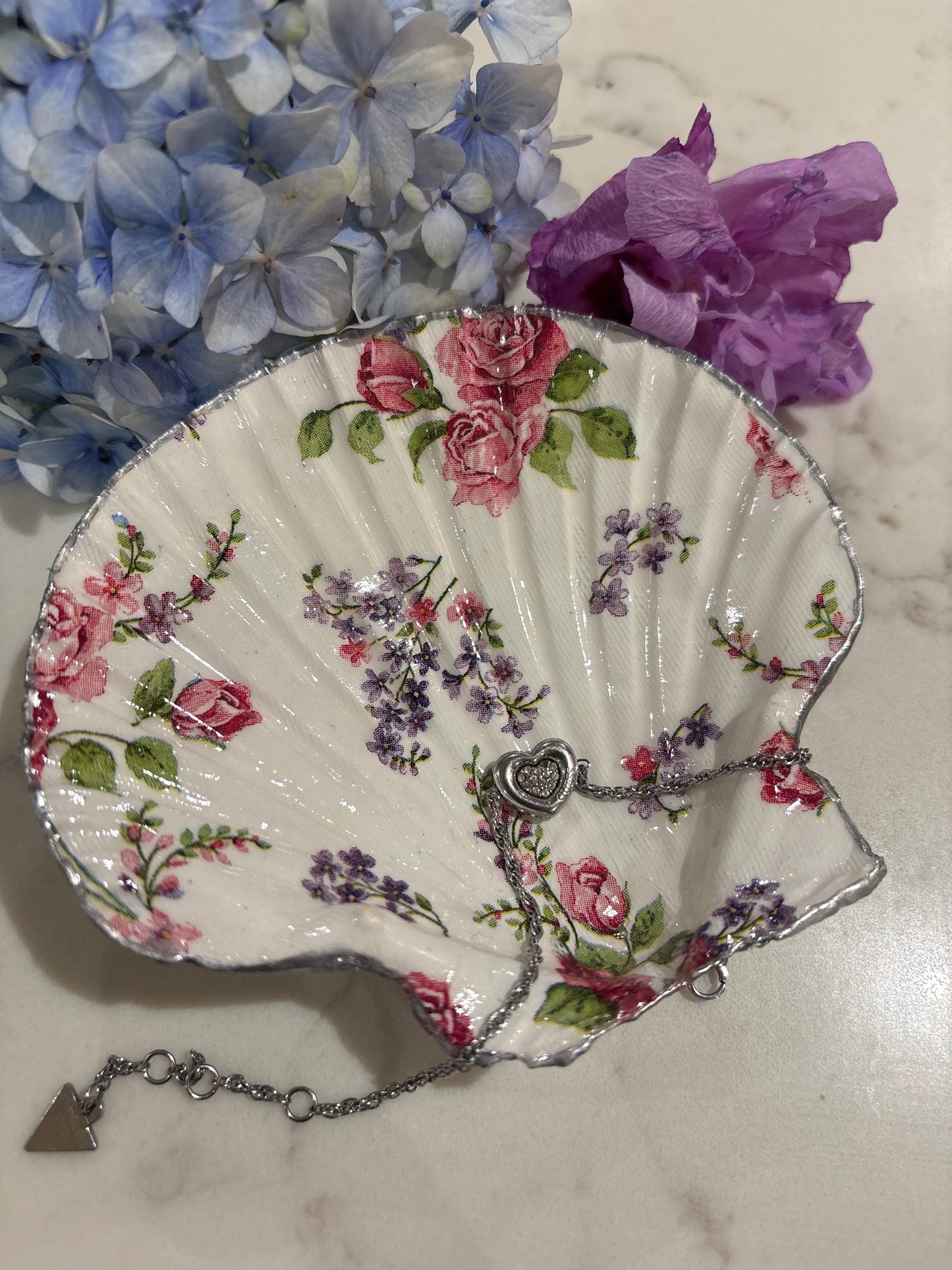 Vintage Rose Shell Trinket Dish | Floral Decoupage, Silver Edge