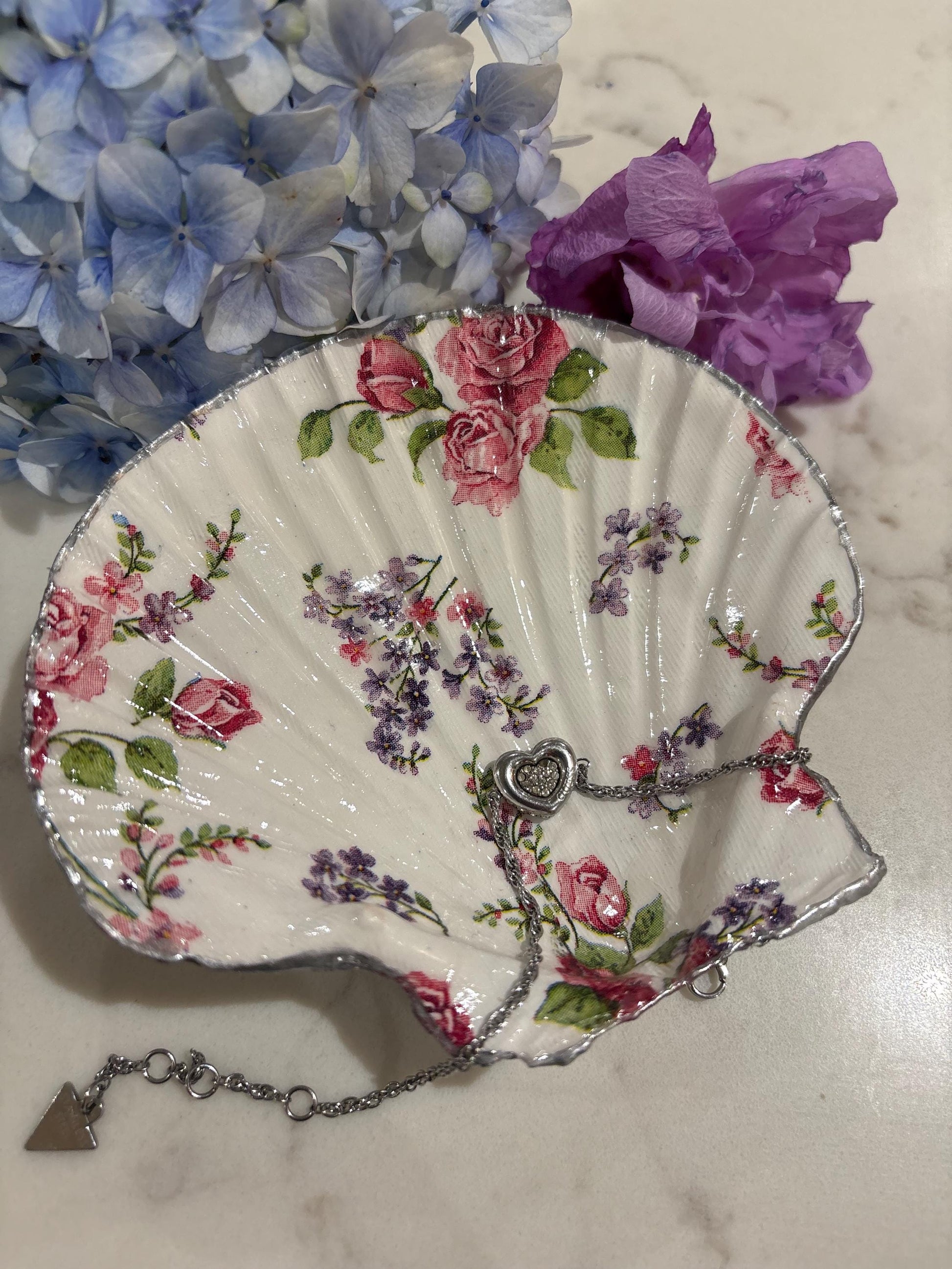 Vintage Rose Shell Trinket Dish | Floral Decoupage, Silver Edge