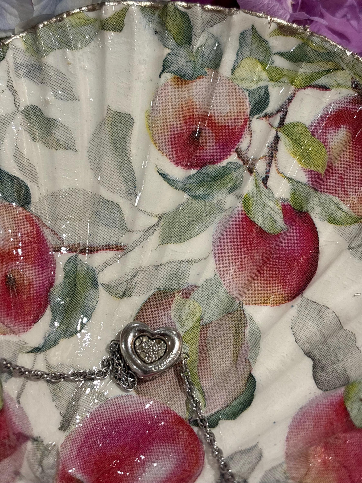 Apple Orchard Decoupage Scallop Shell Trinket Dish | Silver Edge, Autumn Kitchen Jewellery Holder