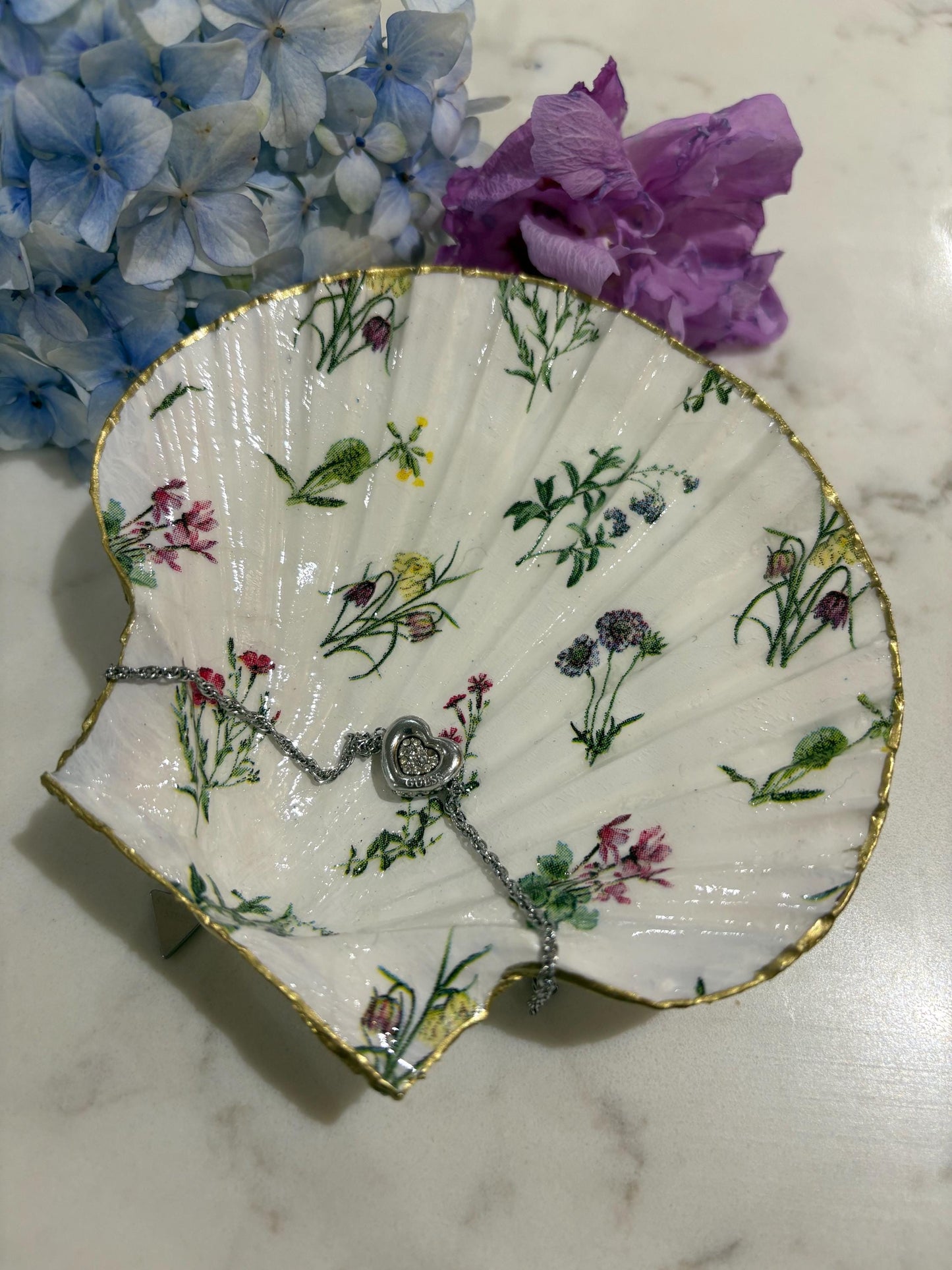 Wildflower Meadow Shell Trinket Dish | Gold Edge Decoupage Jewellery Holder