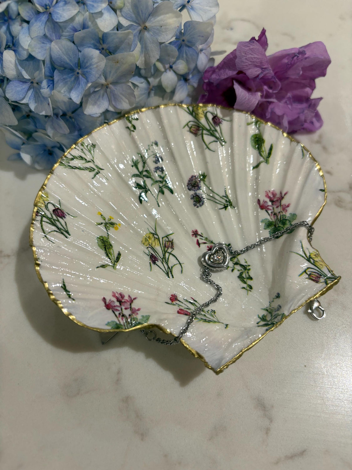 Wildflower Meadow Shell Trinket Dish | Gold Edge Decoupage Jewellery Holder