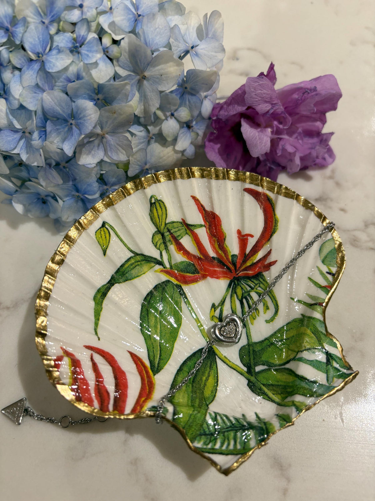Flame Lily Decoupage Scallop Shell Trinket Dish | Gold Edge, Tropical Botanical Jewellery Holder