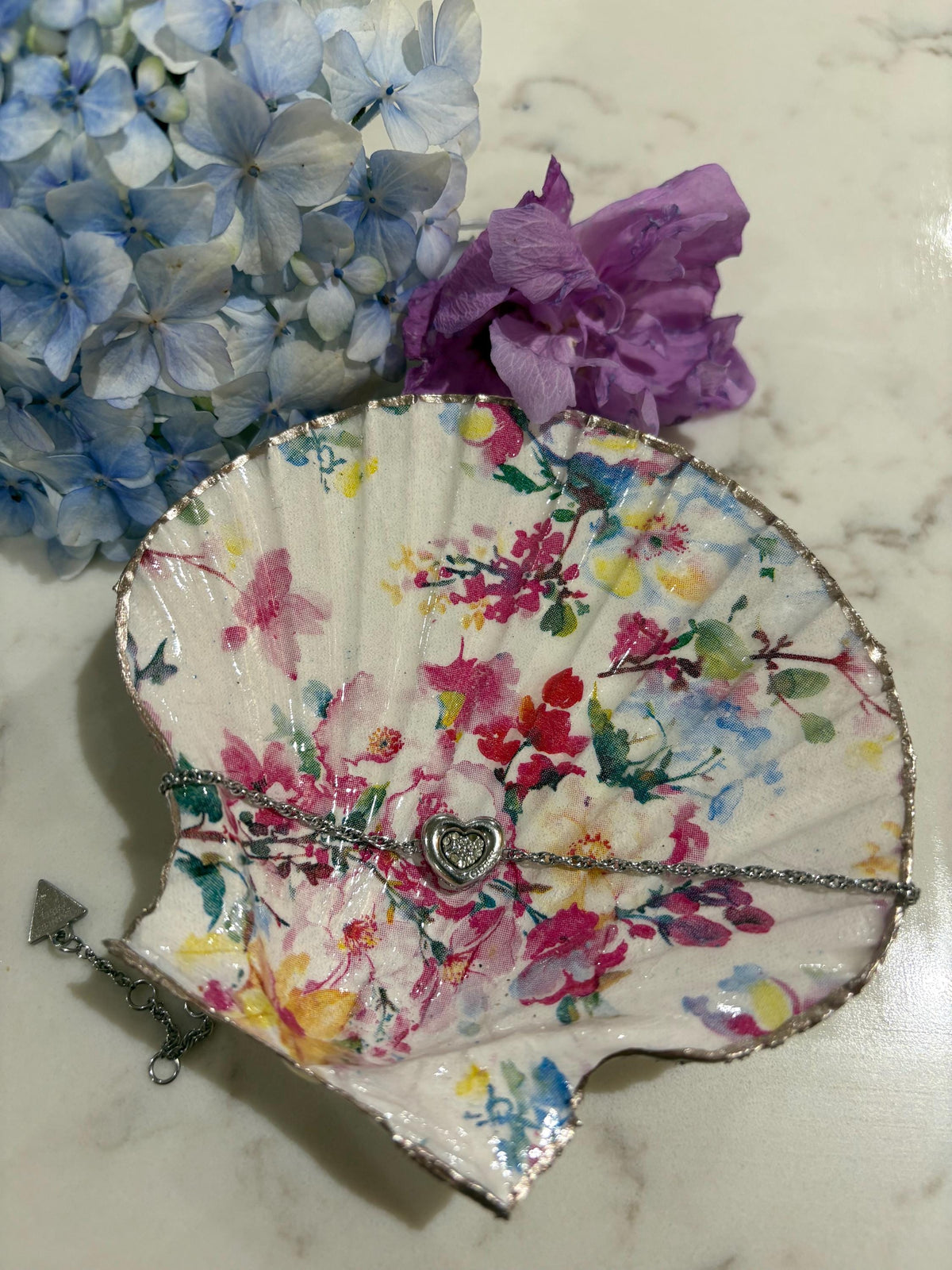 Watercolour Floral Shell Trinket Dish | Silver Edge Scallop Shell Ring Holder