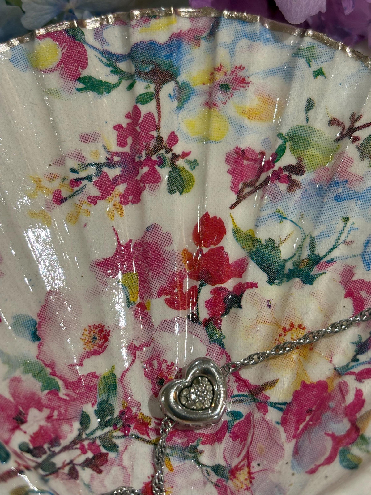 Watercolour Floral Shell Trinket Dish | Silver Edge Scallop Shell Ring Holder